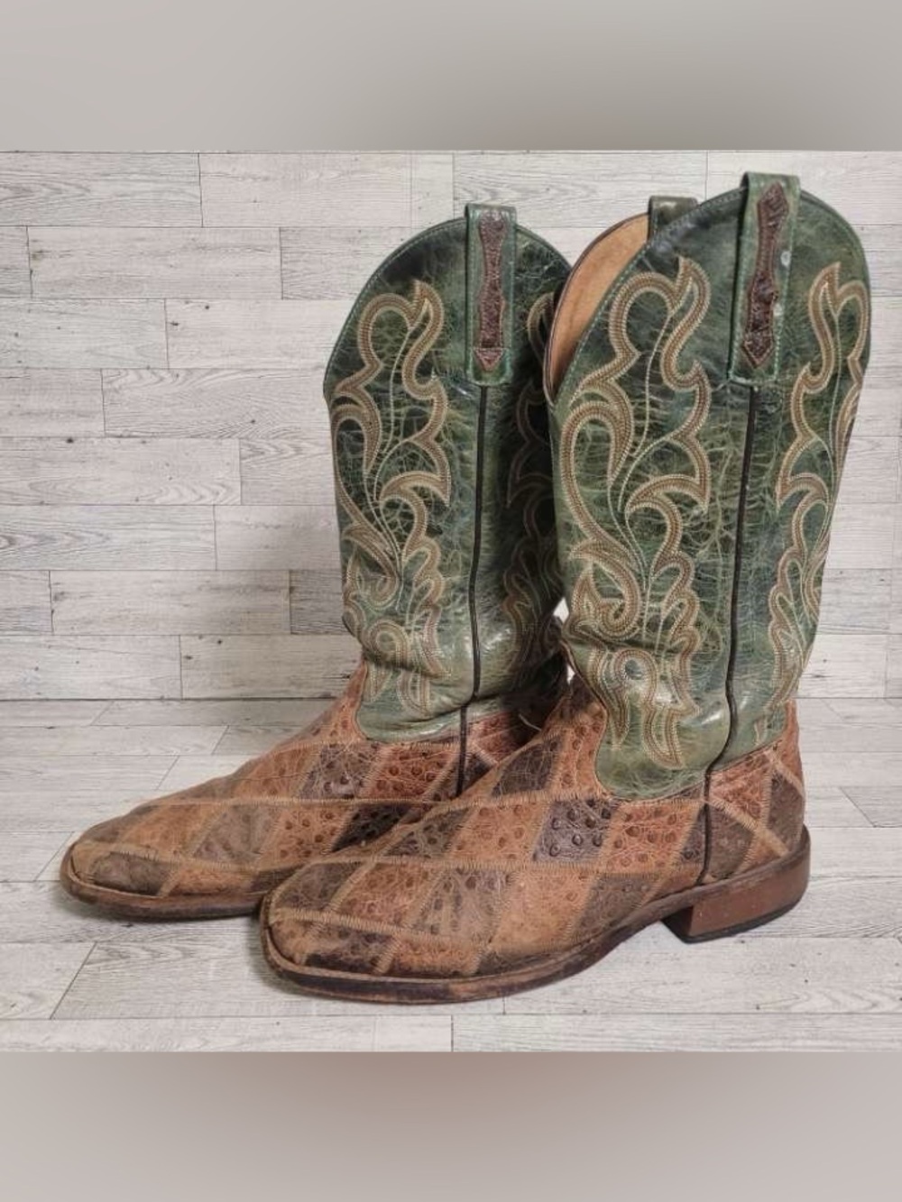 Men's Horse Power Patchwork Brown Leather Square Toe Cowboy Boots Size 9.5 D
